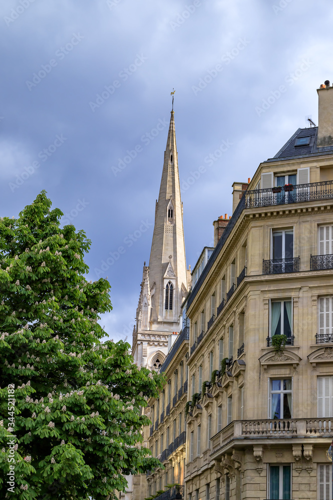 Fragment of Paris architecture: part of the building, upper part of the cathedral and blooming chestnut tree against blue sky. Vertical photo. Spring in Paris, France.