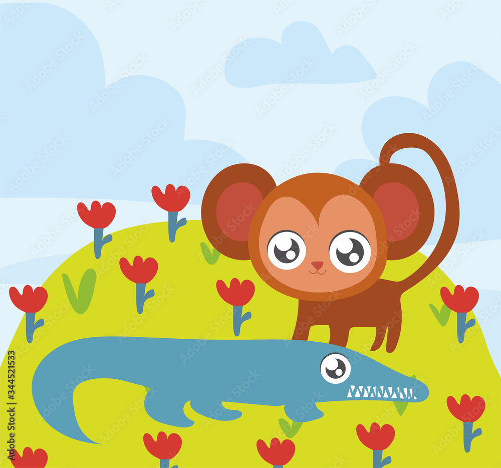 monkey and crocodile, animals in kawaii style monkey and crocodile, animals in kawaii style