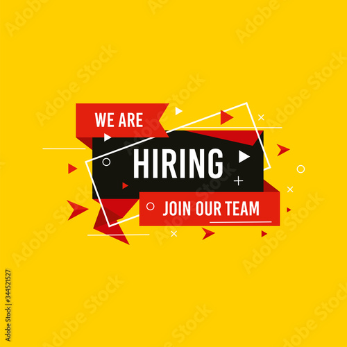 We are Hiring, Join now design for banner poster. Lettering with geometric shapes lines. Job Vacancy Advertisement Concept on yellow background. Open vacancy design template with modern concept.
