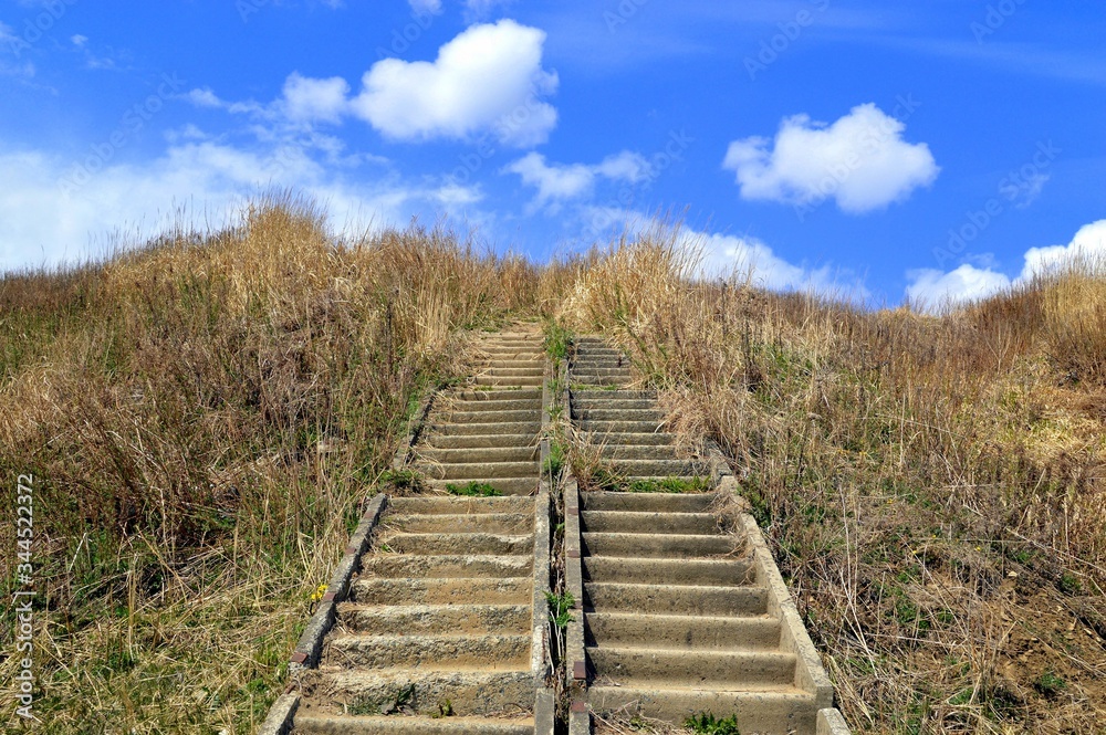 Abandoned stairs overgrown, leading to the blue sky with clouds. Concept of stairway to Heaven or thorny path to the beautiful.