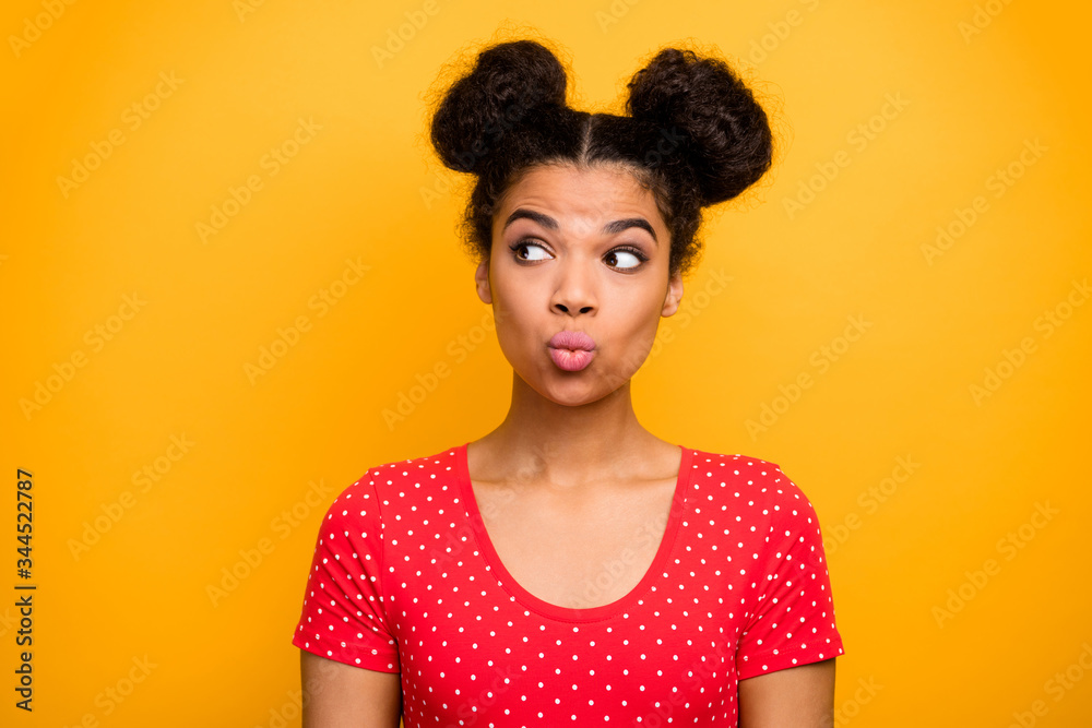 Portrait of cute sweet pretty afro american girl have valentine day look copyspace decide who date with send air kisses wear polka-dot vibrant clothes isolated over bright color background Portrait of cute sweet pretty afro american girl have valentine day look copyspace decide who date with send air kisses wear polka-dot vibrant clothes isolated over bright color background