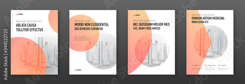 Pharmaceutical brochure cover design layout set with flasks vector illustration. Good for medical annual report, laboratory catalog design.