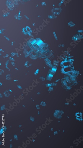 Digital currency symbol Bitcoin on a dark background. Fall of bitcoin. crypto currency graph on virtual screen. Business, Finance and technology concept. 3D illustration