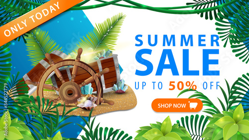 Only today, summer sale, up to 50% off, blue and white discount web banner for your business with treasures chest, tropical jungle frame and large offer with button