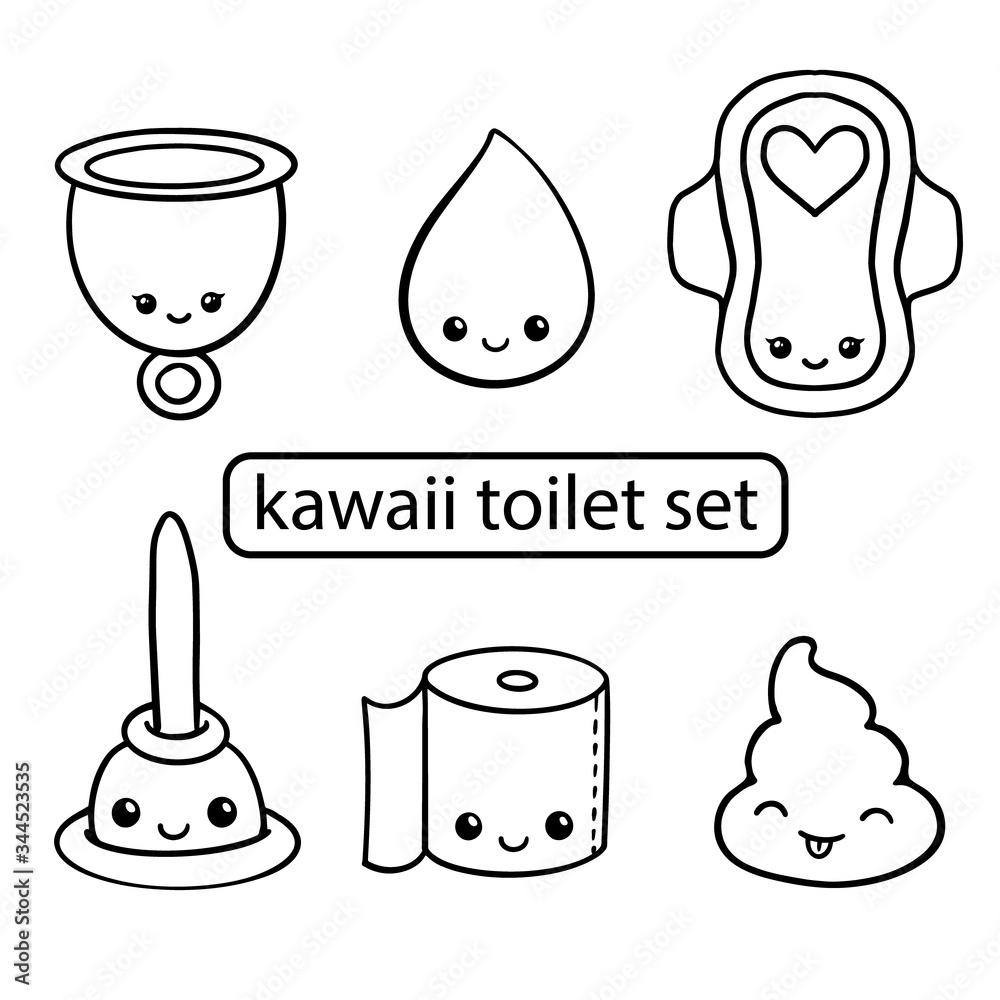 Image cartoon emoji poop, .plunger, period cup, toilet paper, sanitary pad and drop clip art