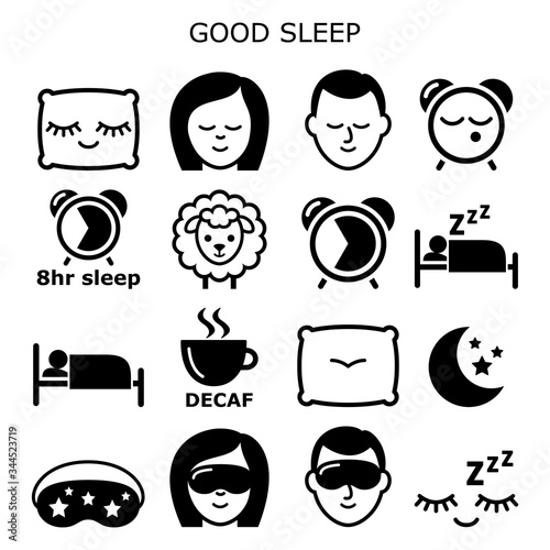Good sleep hygiene, healthy sleep vector icons people sleeping at night design - health and lifestyle concept
