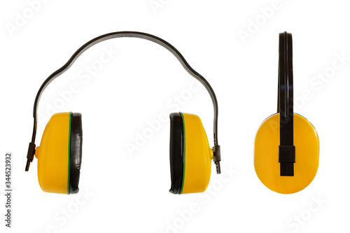 Specialist clothes. Isolated antinoise headphones yellow color on a white background. Personal protective equipment. isolate