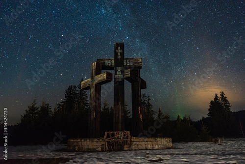 This photo is taken in the mountains near Mirecurea Ciuc, Romania.   Three Holy Crosses in Harghita photo