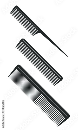 Combs graphic icons set. Different combs for hair black signs isolated on white background. Barbershop symbols. Vector illustration