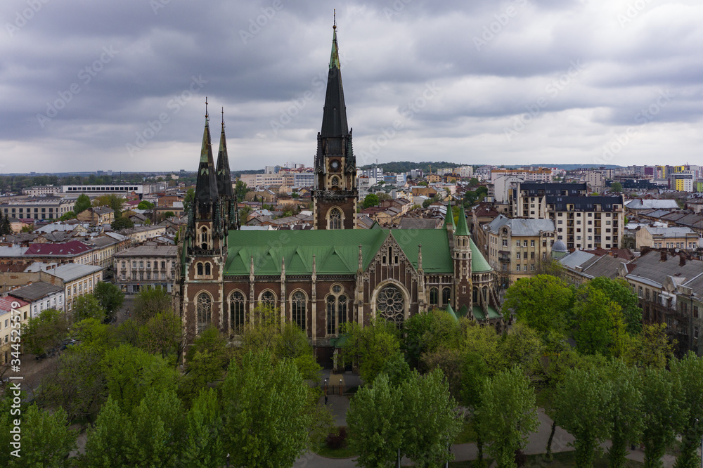 Aerial veiw on Elizabeth church in Lviv, Ukraine from drone. Aerial veiw on Elizabeth church in Lviv, Ukraine from drone.