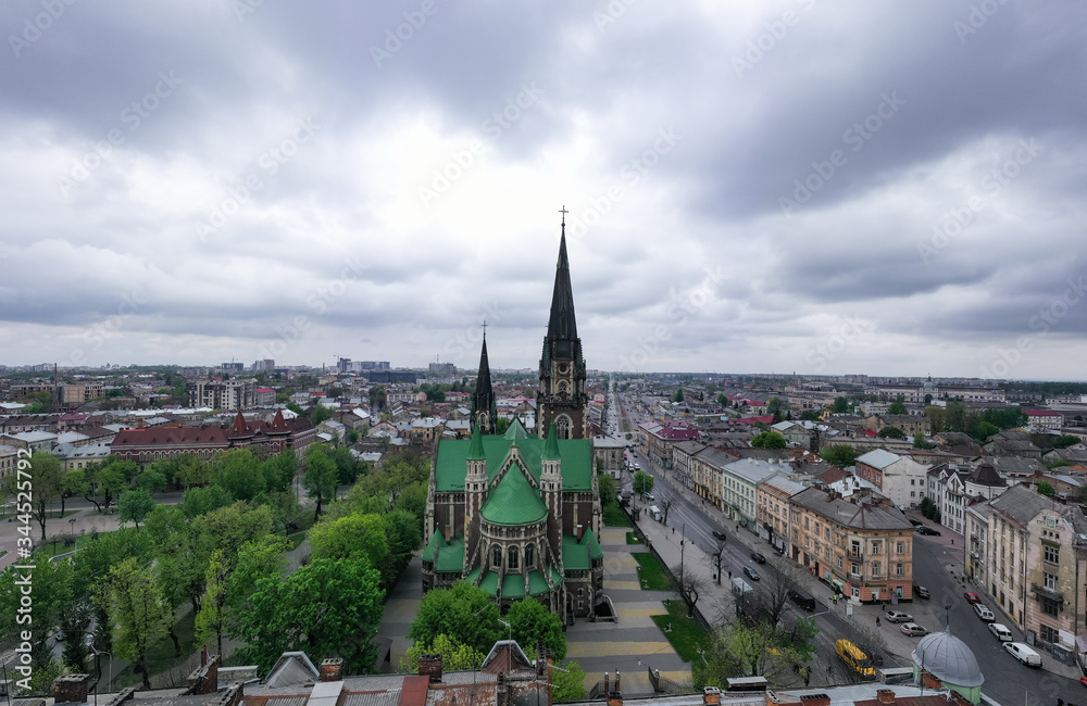  Aerial veiw on Elizabeth church in Lviv, Ukraine from drone. 