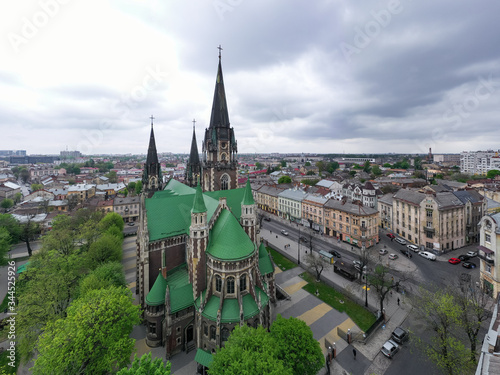 Photography Aerial veiw on Elizabeth church in Lviv, Ukraine from drone.