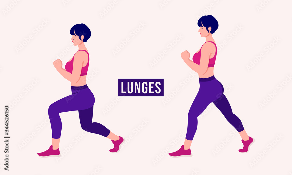 Girl doing Lunges exercise, Woman workout fitness, aerobic and exercises. Vector Illustration.