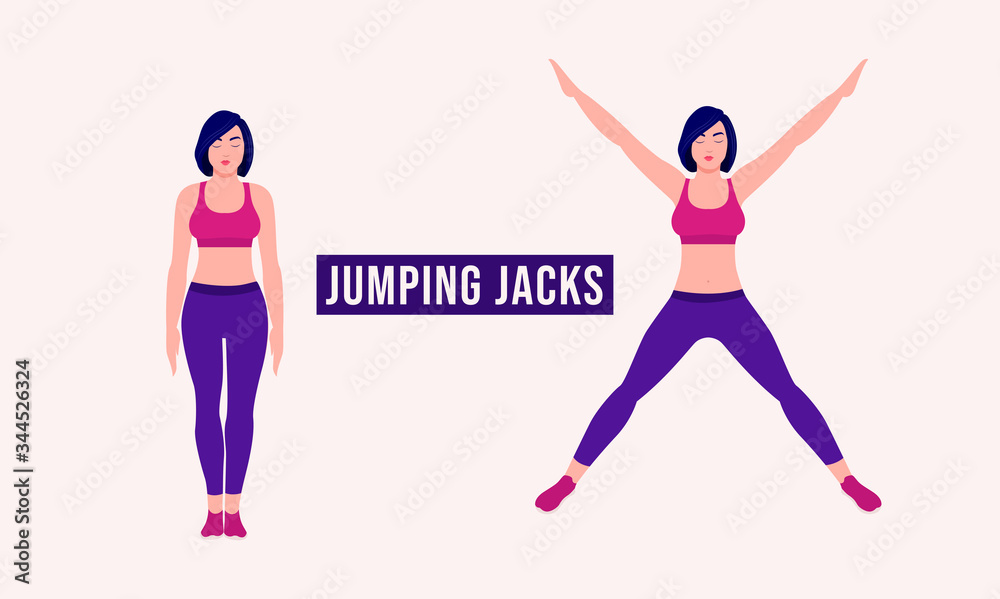 Girl doing Jumping Jacks exercise, Woman workout fitness, aerobic and exercises. Vector Illustration.