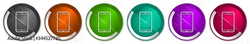 Smartphone icon set, mobile phone silver metallic chrome border vector web buttons in 6 colors options for webdesign