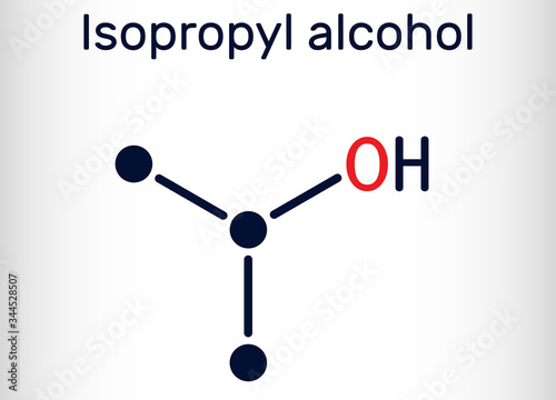 Isopropyl alcohol, 2-propanol, isopropanol, C3H8O molecule. It is isomer of propyl alcohol, used as antiseptic in disinfectants, detergents. Structural chemical formula