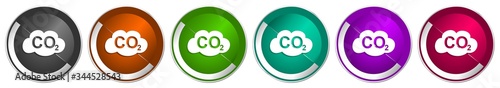 Carbon dioxide icon set, silver metallic chrome border vector web buttons in 6 colors options for webdesign