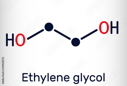 Ethylene glycol, diol, C2H6O2 molecule. It is used for manufacture of polyester fibers and for antifreeze formulations. Structural chemical formula