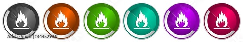 Flame icon set, silver metallic chrome border vector web buttons in 6 colors options for webdesign