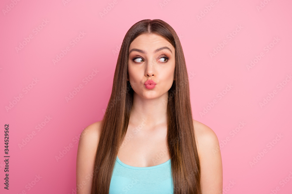Close-up portrait of her she nice attractive lovely lovable winsome curious cheerful cheery straight-haired girl sending air kiss looking aside isolated over pink pastel color background Close-up portrait of her she nice attractive lovely lovable winsome curious cheerful cheery straight-haired girl sending air kiss looking aside isolated over pink pastel color background