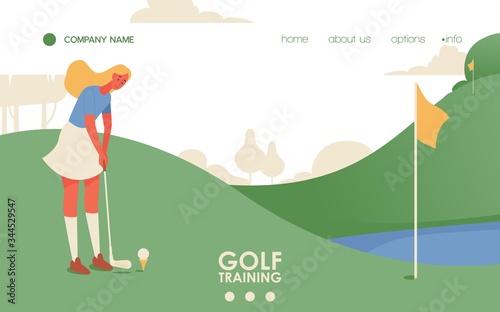Vector concept sport scene with young blonde woman training on golf court. Flat character, landscape and green grass. Landing page or banner template