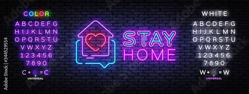 Stay Home Neon Sign. Quarantine coronavirus epidemic illustration for social media, stay home. Heart and home neon icon template. Vector illustration. Editing text neon sign