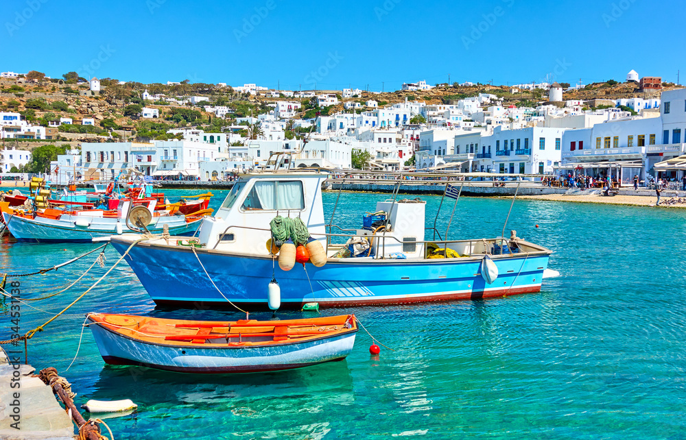 Old port with fishing boats in Mykonos