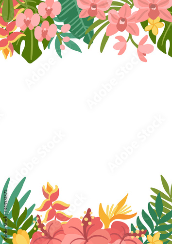 Tropical frame with palm leaves, hibiscus, strelitzia, orchid and plumeria flowers. Beautiful floral background for wedding invitations, greeting cards, home decor. Modern vector illustration.