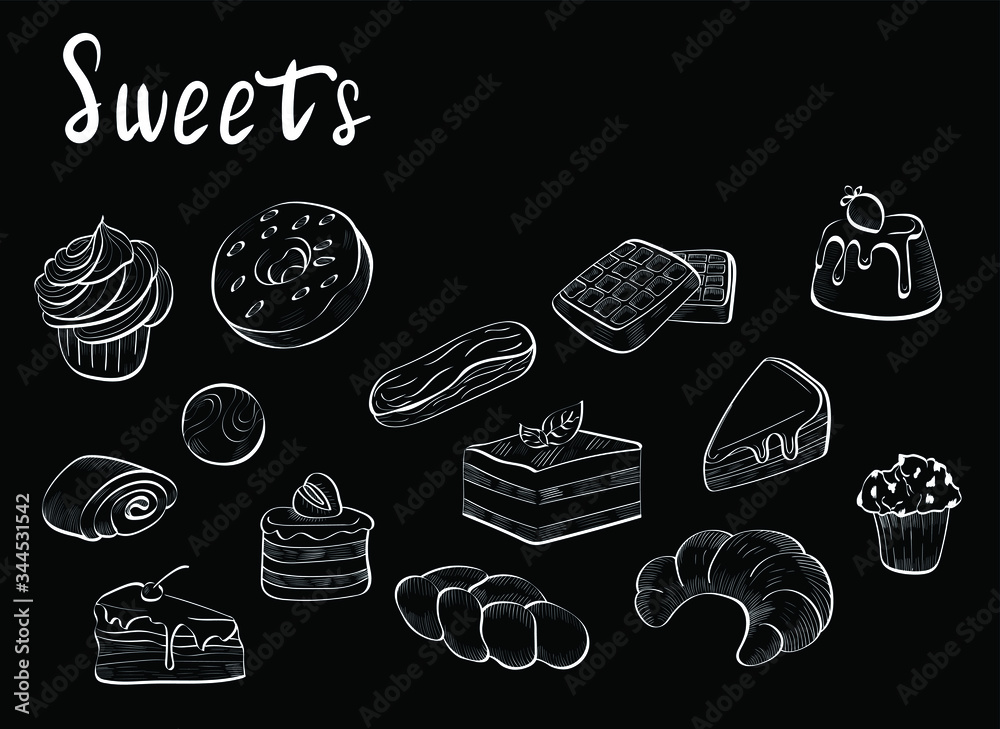 Sweets, candy, bakery food chalk vector isolated on black background. Concept for menu, cards, logo