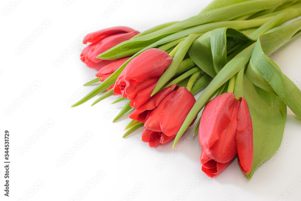 Bouquet of five red tulips on a white background with leaves, isolated, top view Bouquet of five red tulips on a white background with leaves, isolated, top view