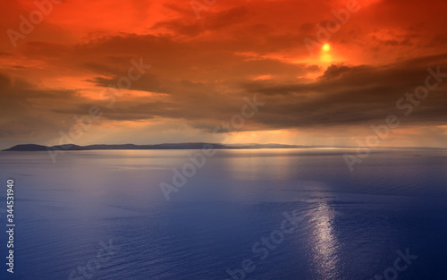Romantic sunset overlooking Kassandra Peninsula, Halkidiki, Greece.