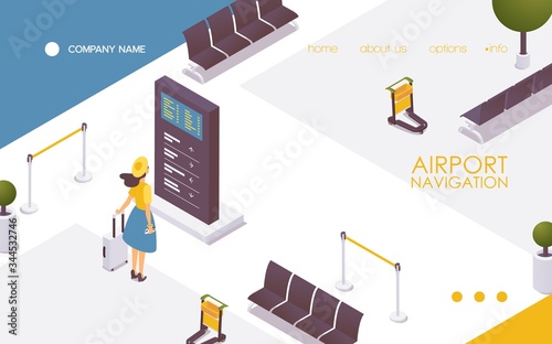 Airport navigation banner, young woman in hat with luggage watching at information stand in interior of departure hall. Vector isometric landing page template
