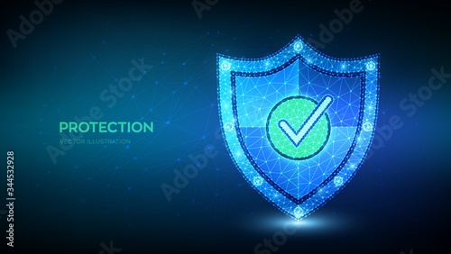Check mark on security shield. Protection or Safe business concept. Cyber security and network safety. Illustrates cyber data security or information privacy idea. Low polygonal vector illustration.
