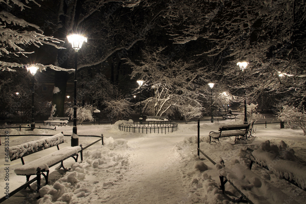 Night view of Planty park in winter, Cracow, Poland