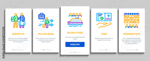 Immigration Refugee Onboarding Mobile App Page Screen Vector. Immigration Person With Baggage, Passport And Visa, Cruise Liner Voyage And Airplane Color Illustrations