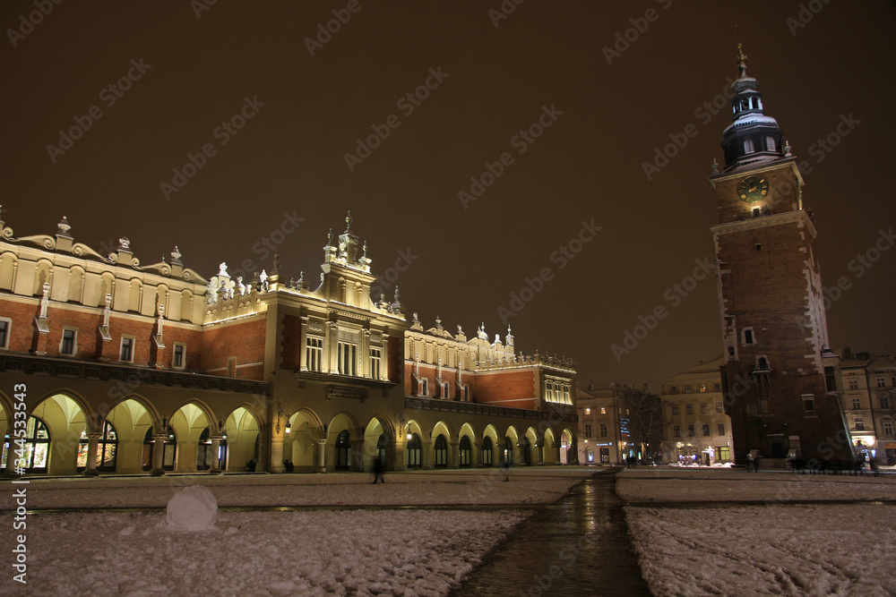 Main Square of Cracow by night, winter time, Poland