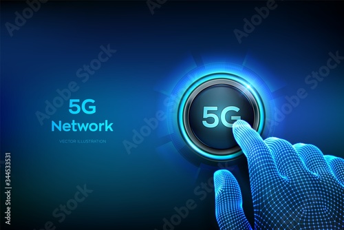 5G network wireless systems and internet of things. Closeup finger about to press a button. Smart city and communication network. 5G wireless mobile internet wifi connection. Vector illustration.