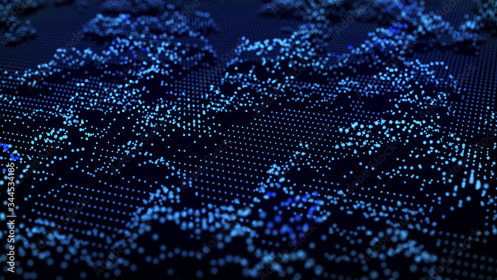 Wave of many particles. Big data visualization. Abstract perspective illustration. 3D rendering.