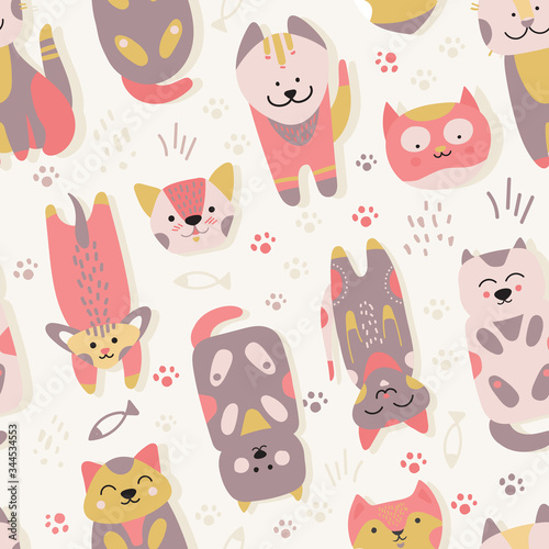 Cats - kitty - seamless, surface pattern with cute cartoons.