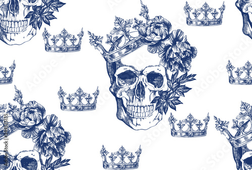 Vintage blue skull in crown with flowers seamless pattern