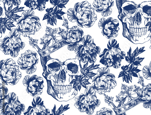 Vintage blue skull in crown with flowers seamless pattern