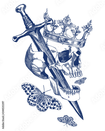 Blue skull in crown with sword and butterflies vintage style illustration