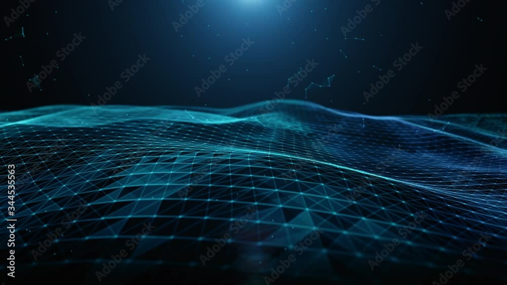 Abstract blue digital particles, lines and dots connection wave flow, Digital data network connections for technology digital communication or social media connection future background concept.