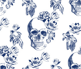 Sierkussen Doodshoofd met bloemen patronen Vintage schedel met goudvissen en bloemen  © Lana