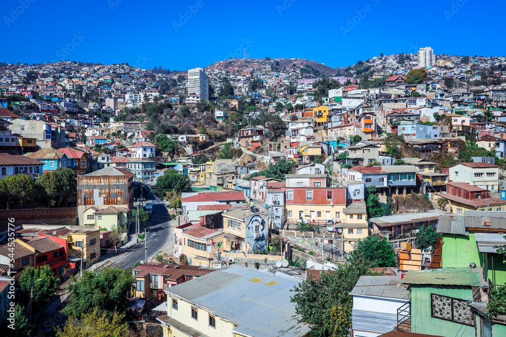 Panoramic View to the Mountain Hills with the Colorful and Bright Buildings with Painting, Valparaiso, Chile Panoramic View to the Mountain Hills with the Colorful and Bright Buildings with Painting, Valparaiso, Chile