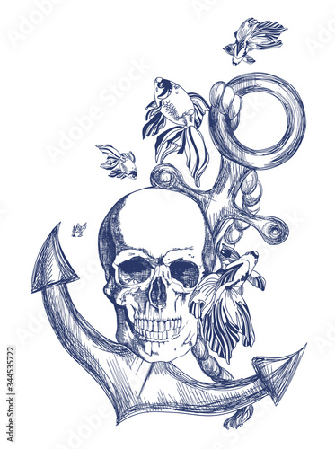 Blue skull with anchor and goldfish vintage style illustration