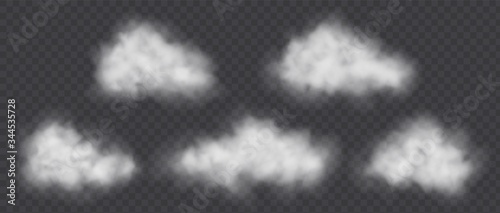 White smoke clouds set isolated on transparent background. Air pollution concept. Cloudy weather vector illustration.