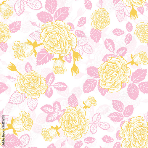 Pretty Pink and Yellow Roses Bouquet Vector Seamless Pattern