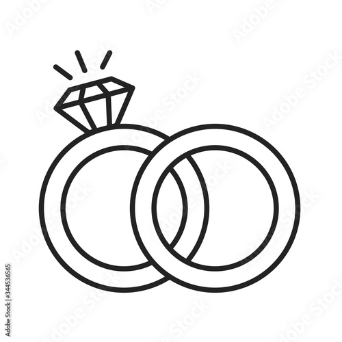 Wedding gold rings with diamonds line black icon. Marital status. Isolated vector element. Outline pictogram for web page, mobile app, promo.