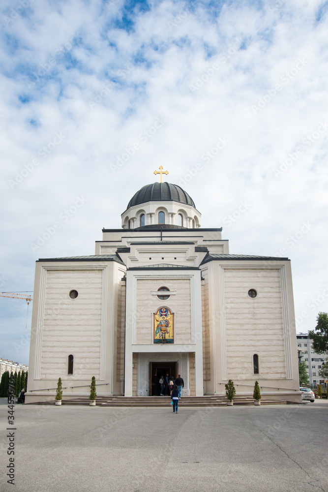 New Belgrade, Serbia - October 05, 2019: Orthodox Church Holy Dimitrie (serbian: Crkva Svetog velikomucenika Dimitrija) in Now Belgrade, Serbia.